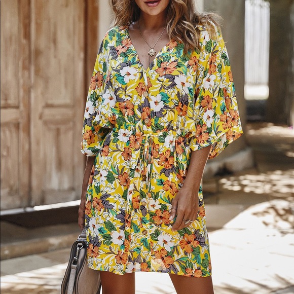 ♦️Floral Tie Waist Ruffled Dress Yellow - Picture 2 of 7